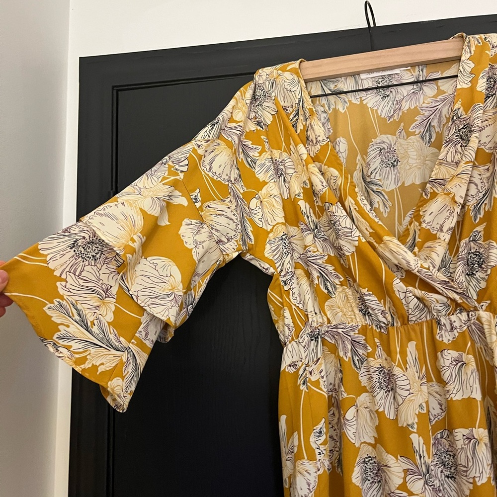 Mustard, white, and maroon floral dress with flutter sleeve